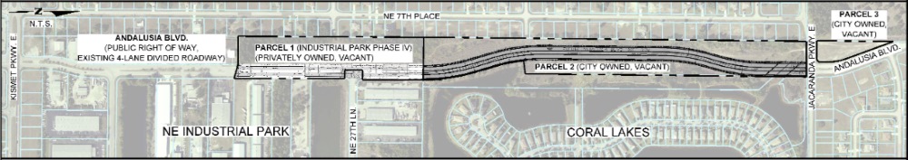 Map of proposed andalusia blvd extension, showing parcel 1 (privately owned, vacant), parcel 2 (city owned, vacant), and parcel 3 (city owned, vacant)